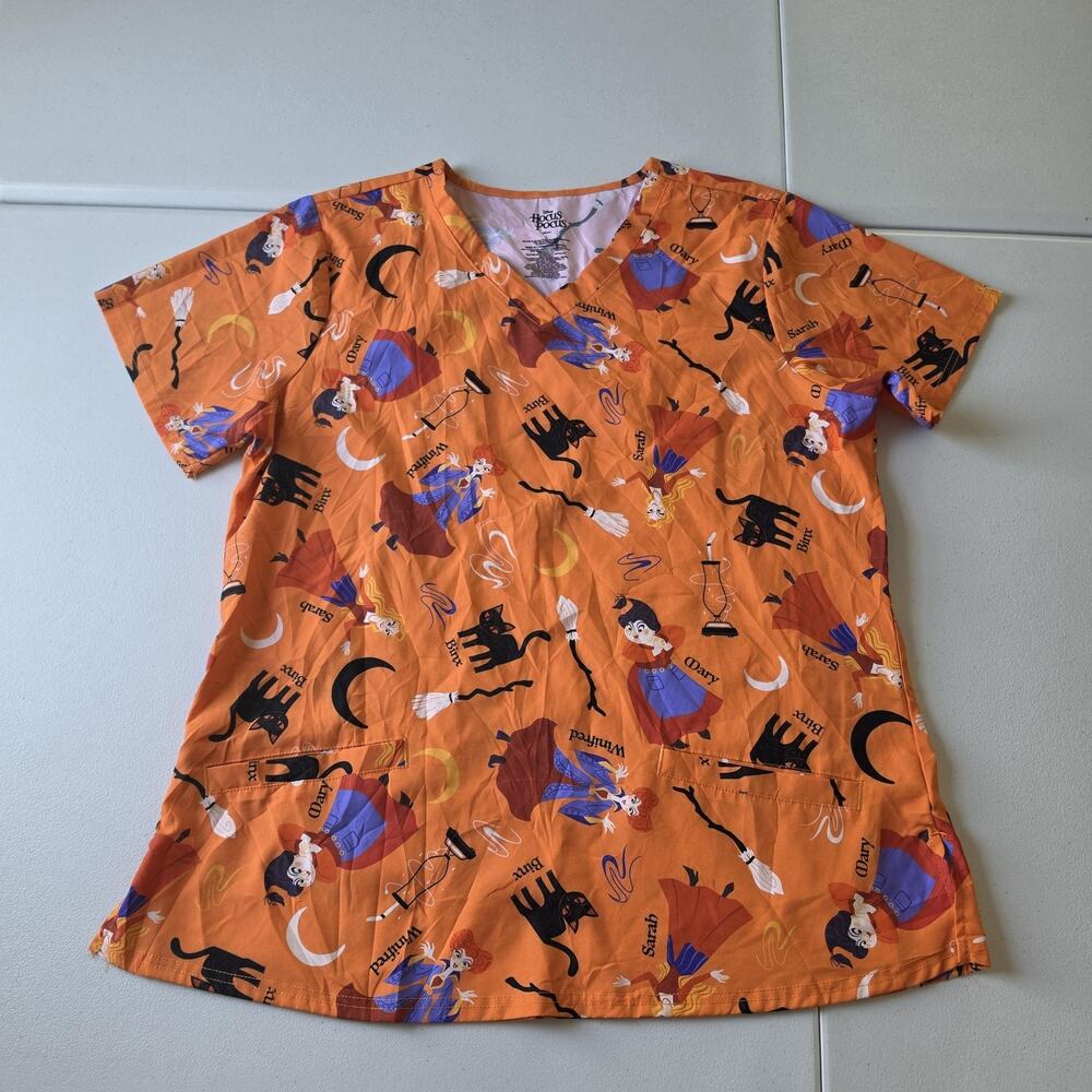 Disney Hocus Pocus scrubs top Womens Large Orange Sanderson Halloween Scrub Top
